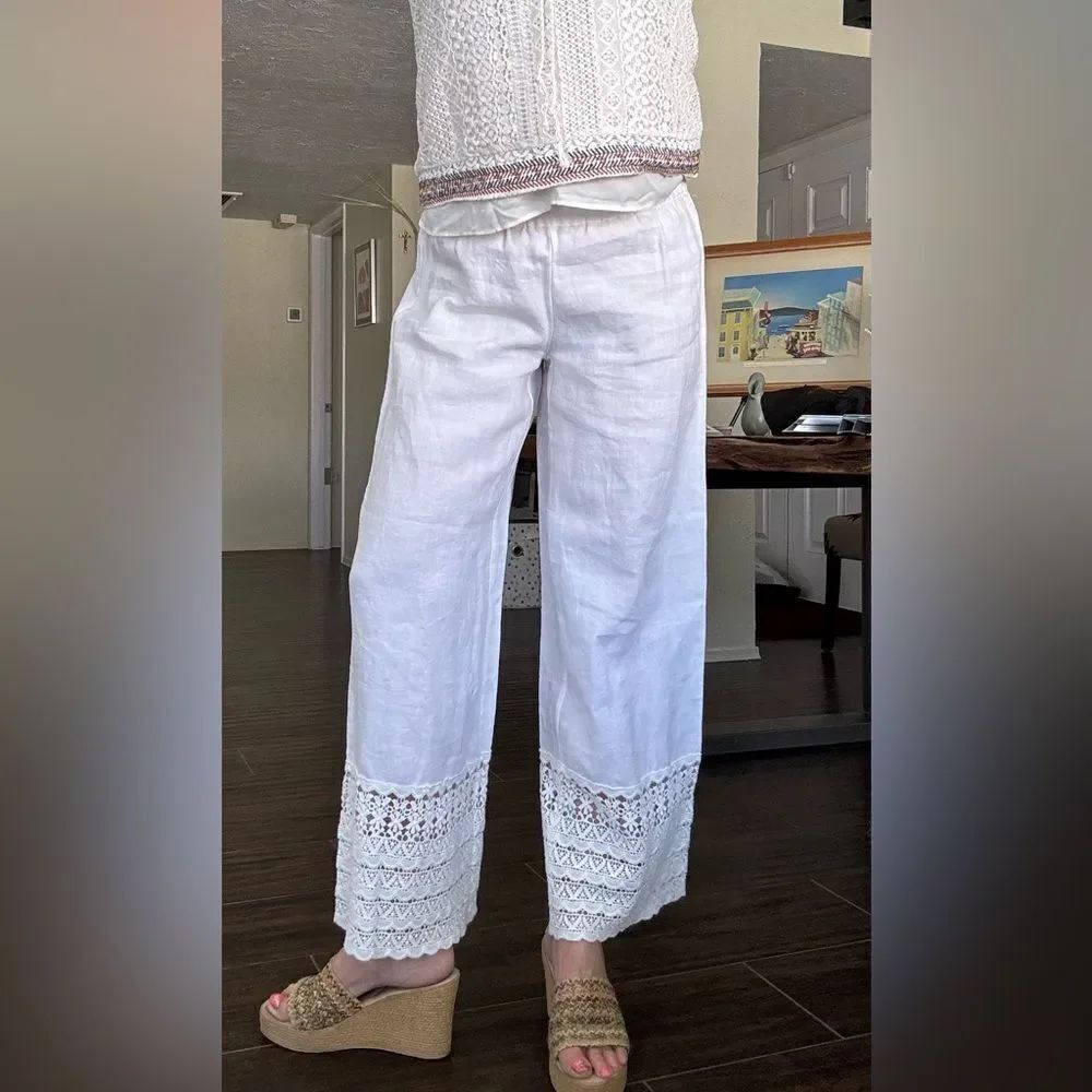 Chico's White Linen Crochet Hem Wide Leg Pull On Pants Size 0 Regular Small
